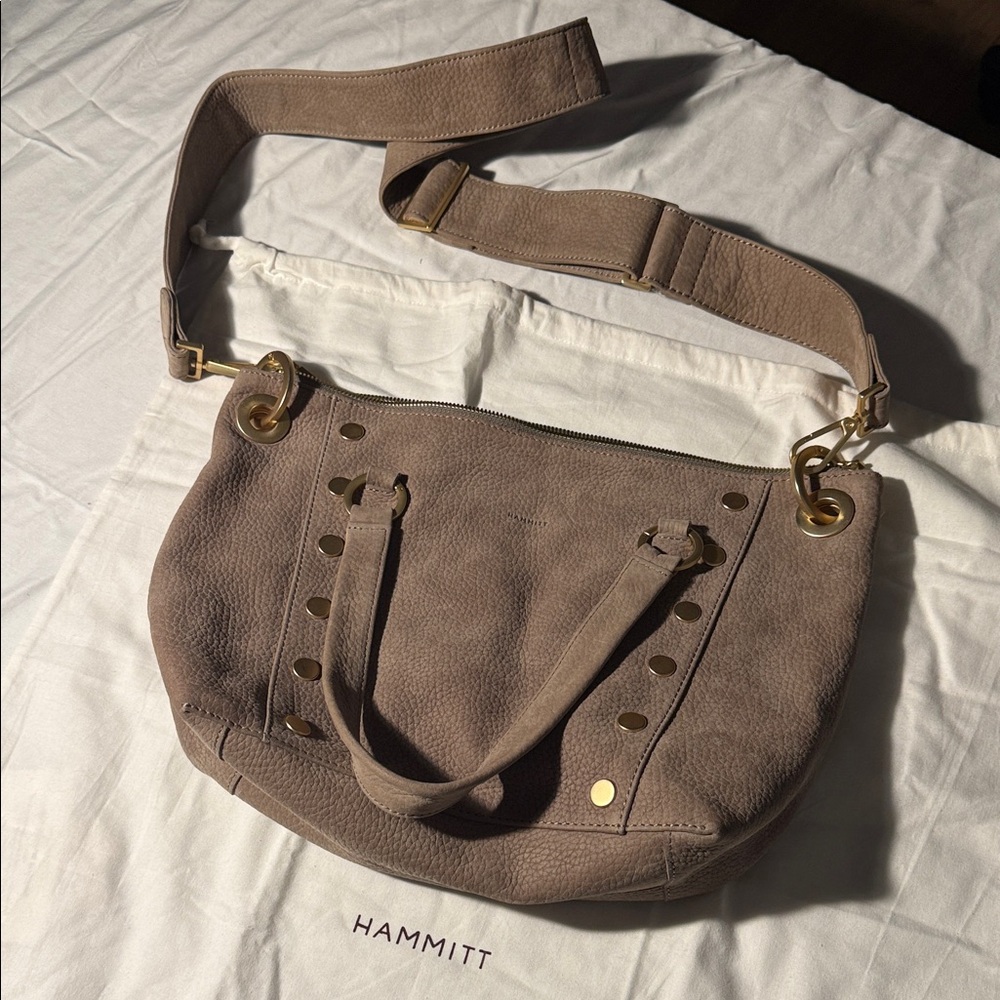 Hammitt Taupe Leather Shoulder Bag with Gold Accents